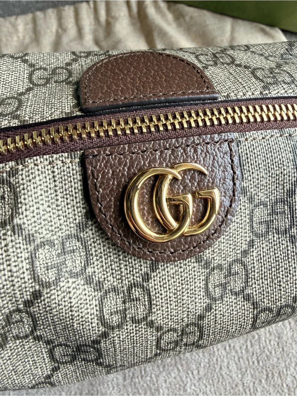 Gucci Beige GG Supreme Canvas Cosmetic Case with Brown Trim and Gold Hardware